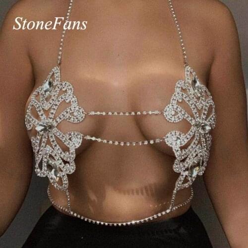 StoneFans Luxury Flower Full Rhinestone Bra Bralette Harness Crystal Chest Body Chain Beach Bikini Bra Tops Jewelry