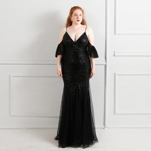 Black Short Sleeves Evening Dress Sequins Fashion Spaghetti Strap V-Neck Floor-Length Mermaid Plus Size Women Formal Gowns D1284