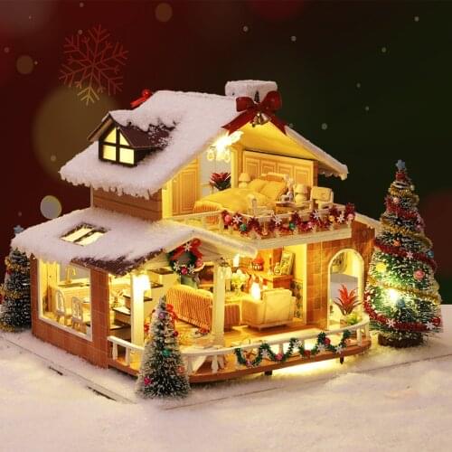 DIY Wooden Christmas Eve Doll House Kit Miniature with Furniture Casa Snow Cottage Dining Room Dollhouse Toys for Children Gifts