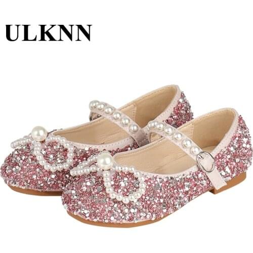 ULKNN Childrens Fashionable Beautiful Princess Shoes Evening Dresses Flat bow Pearl Crystal Shoes Non-Slip Soft Sole Size 25-35