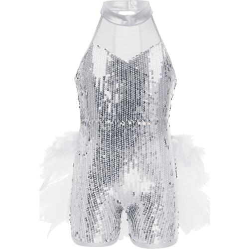 Shiny Sequins Kids Girls Mock Neck Ballet Dance Stage Performance Dress Shorty Unitard Dress Modern Jazz Latin Dancing Costumes
