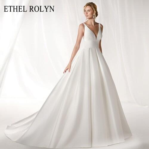ETHEL ROLYN Satin Vintage Wedding Dress 2021 Sexy V-neck Beaded Appliques Bride Dresses A-Line Wedding Gowns Vestido De Noiva
