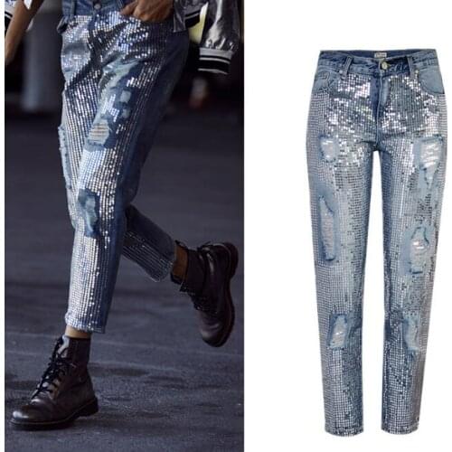 European&American sequins ripped Jeans Fashion women straight-leg ninth denim pants