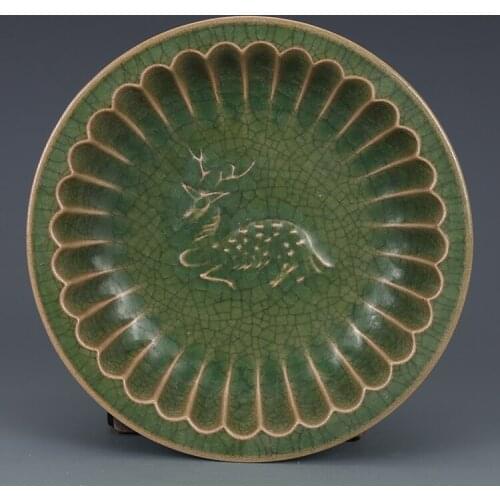 Rare SongDynasty porcelain plate,green glaze deer wash,Hand-painted crafts,Decoration,collection &Adornment