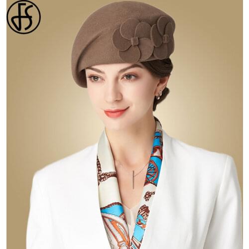FS Winter Hats For Women Beret Wool Felt Fedora Hat Black Red Hats Wedding Church Party Cocktail Ladies Female French Artist Hat