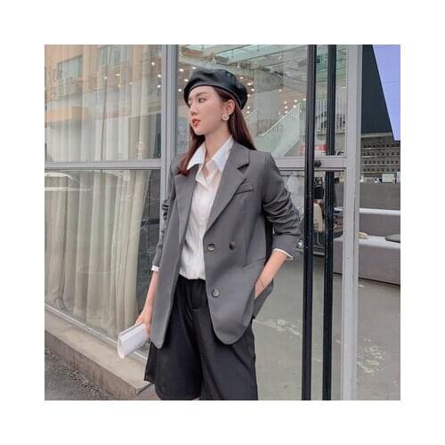 Small Suit Womens Coat 2021 New Casual Autumn Winter Retro Net Red Suit With Lining Top Korean British Notched Office Lady Grey