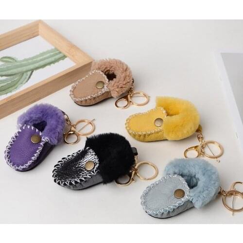 Kawaii Keychains 2020 New Real Fur With Leather Mini Shoes For Students Bag Holder Pendant Candy Color Women Car Keyring Chains