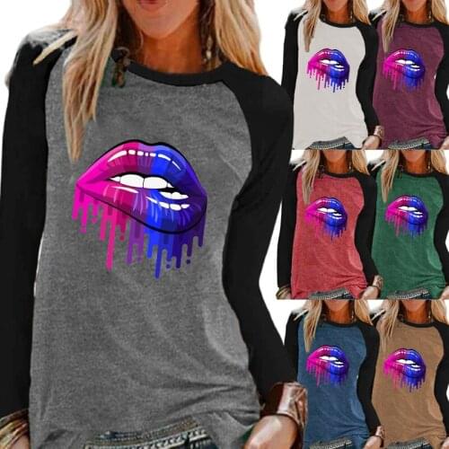 Autumn Fashion Womens Lips Printing Comfortable Sweaters Casual Round Neck Raglan Sleeves Loose Plus Size T-shirt Tops XS-5XL