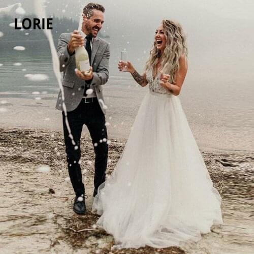 LORIE Boho Beach Wedding Dresses 2020 Elegant Lace Appliqued Soft Tulle Sleeveless Bridal Gowns V-neck Princess Party Dresses