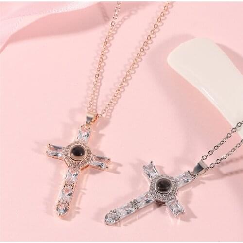 Orthodox Greek Pastor Church Cross Jesus Crucifix Pendants Necklace 100 Language Projection Necklaces Rose Gold Color for Women