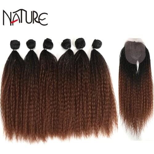 Nature Black Hair Bundles Afro Kinky Straight Hair Weave Synthetic Hair Extensions 6 Bundles With Closure 16inch For Black Women