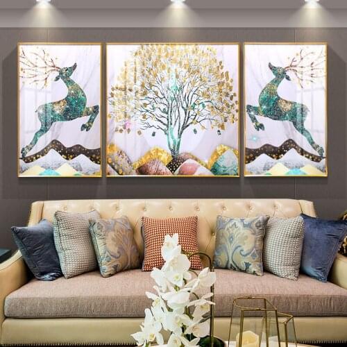 Nordic living room wall decoration painting elk hanging picture metal frame bedroom mural diamond crystal painting