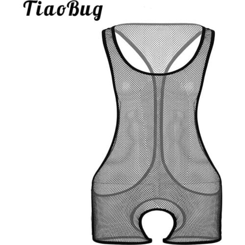 TiaoBug Mens One-Piece Transparent Sheer Fishnet Open Crotch Erotic Bodysuit Crotchless Sexy Bodysuits Gay Underwear Nightwear