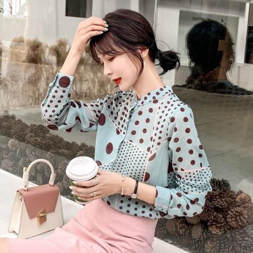 Fashion Women Blouses 2020 Autumn Fashion Polka Dot Chiffon Shirt Female Retro Stand Collar Shirt Blusa Feminina