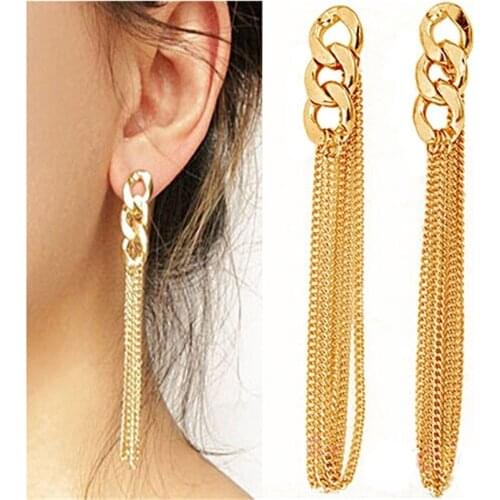 Women Big Long Chain Earrings Fancy Golden Tassel Chains Ear Charm Stud Earrings