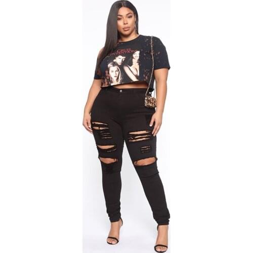 FNOCE womens ripped jeans pants 2020 fashion casual trend solid high waist hole hollow out slim large size denim Pencil Pants