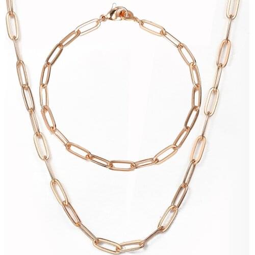 Davieslee 4mm Wide Necklace Bracelets Set For Women 585 Rose Gold Paperclip Rolo Link Chain Jewelry Sets LCS24