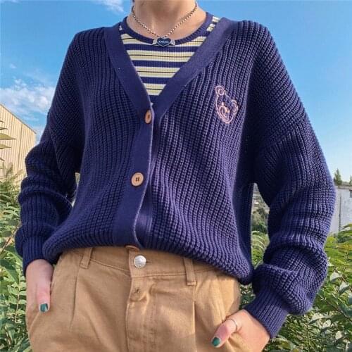 2021 New Style Women Loose Style Knitwear Navy Bear Embroidery Pattern Button-down Sweater Cardigan for Spring/ Autumn/ Winter