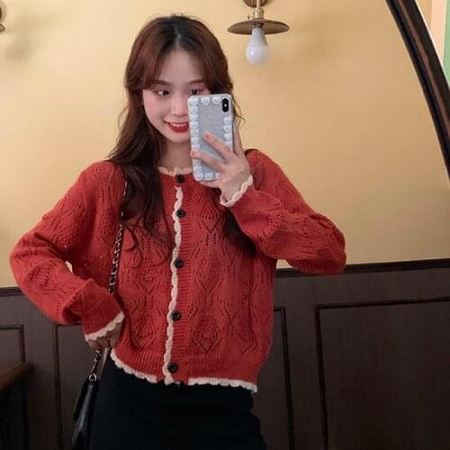 Korean of loose contrast color sweet hollow out knitted cardigan sweater women