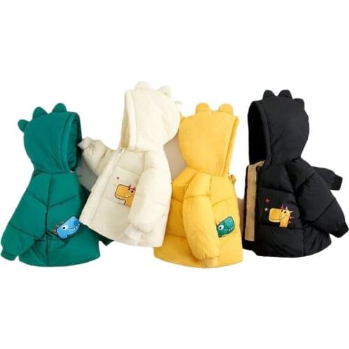 Winter Childrens Warm Cotton Down Jacket Coats For Baby Boys Girls Cartoon Dinosaur Thick Hooded Plus Velvet Kids Top Outerwear