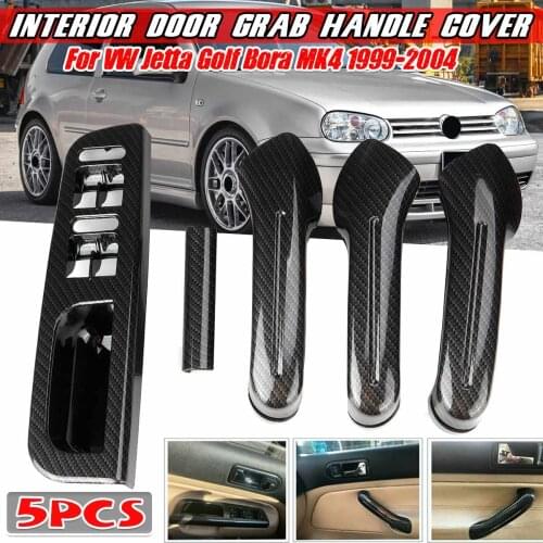 5Pcs Carbon Fiber Look Car Interior Door Grab Handles Cover + Switch Cover Frame For VW For Jetta For Golf Bora MK4 1999-2004