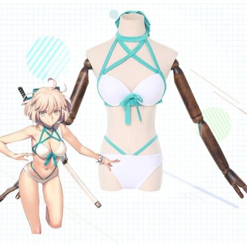 Anime FGO Okita Souji Cosplay Costumes Fate Grand Order Swimsuit Bikini Swimwear Bathing Suit For Women