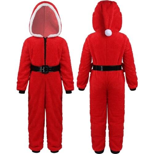Kids Santa Costume Soft Coral Fleece Hooded Jumpsuit Pajamas with Belt Set Children Boys Girls Christmas Theme Party Xmas Outfit