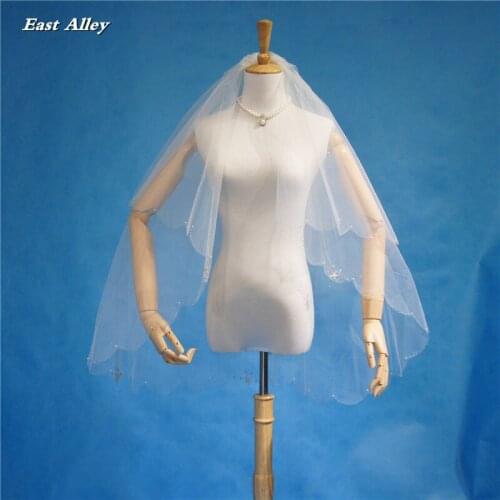 Scalloped Edge Two Tier Wedding Veil Fingertip Beads Bridal Veil in White ,Ivory