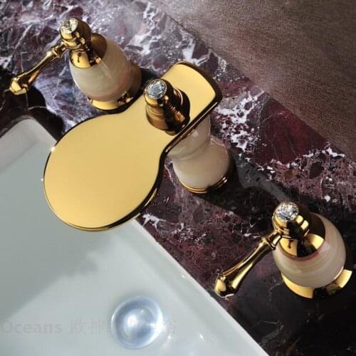 European antique marble double the three-hole waterfall natural jade gold-plated copper basin taps full eight inches