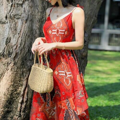 Jastie 2021 Summer Bohemian Sexy Womens Dress V-Neck Sleeveless Floral Printed Loose Hem Sling Dresses Beach Party Holiday Robe