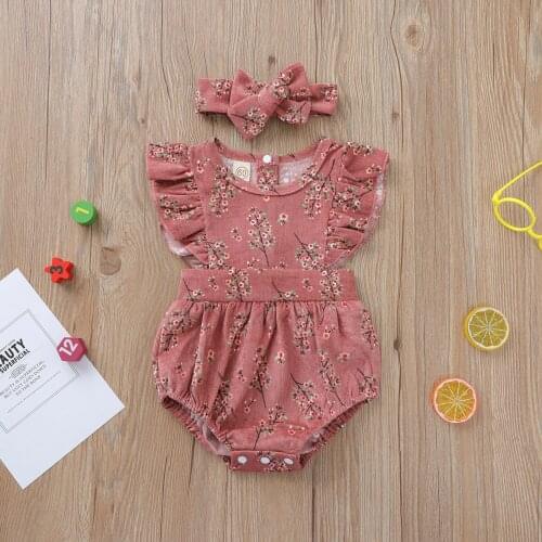 Sleeveless Jumpsuits Infant Kids Baby Girls Outfit Cotton Set Fly Sleeve Floral Romper+Headband Girls Newborn 2pcs Clothes