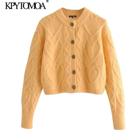 KPYTOMOA Women 2021 Fashion BeJewelled Button Cropped Cable-knit Cardigan Sweater Vintage Long Sleeve Female Outerwear Chic Tops