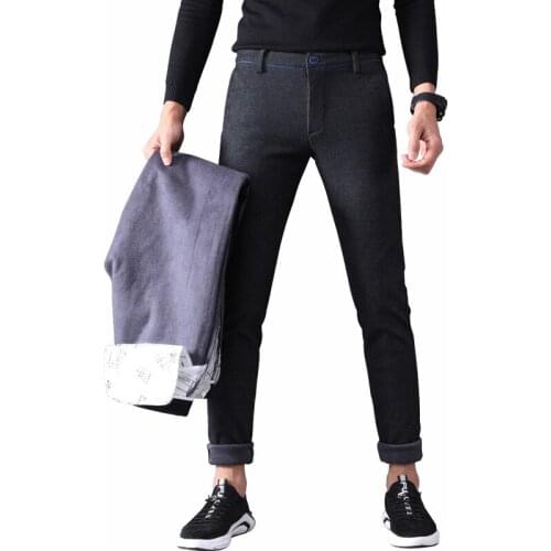 2020 Men Fashion Winter Black Gray Color Slim Fit Stretch Thick Velvet Pants Warm Casual Fleece Trousers Male