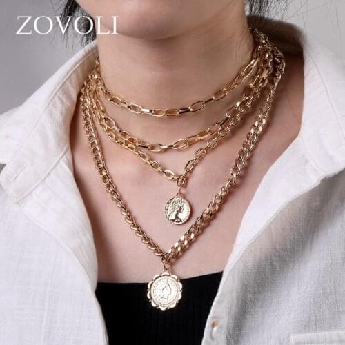 ZOVOLI Punk Layered Cuban Link Chain Choker Necklace Set Gold Long Chunky Chain Coin Pendant Necklaces For Women Fashion Jewelry