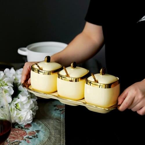 Nordic Luxury Ivory White Ceramic Seasoning Jar Salt Sugar Cans MSG Jar with Lid and Gold Spoon Kitchen Accessories