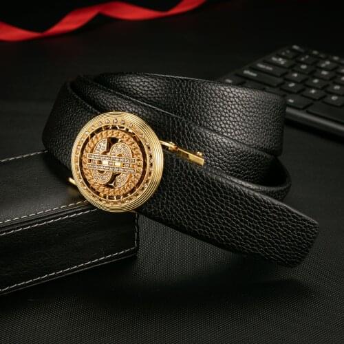Dollar Alloy Buckle Automatic Buckle Belt Lychee Pattern Mens Belt Cowhide Belt