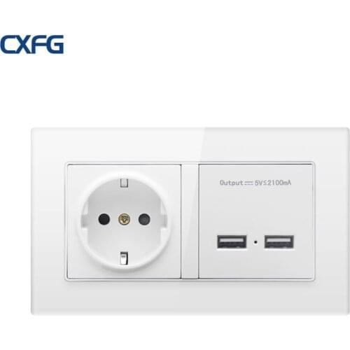 CXFG EU Standard Socket With Dual Usb Charging Socket, 16A Power Supply Tempered Glass Panel 146mm * 86mm, Wall USB Power Socket
