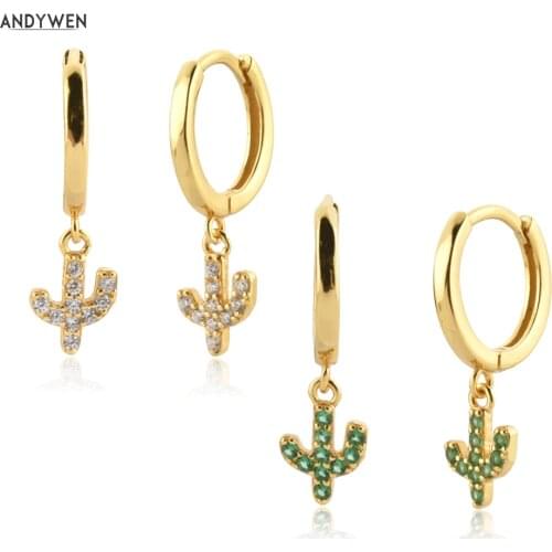 ANDYWEN 925 Sterling Silver Gold Tree Cactus Zircon CZ Pendiente Drop Earring Crystal Piercing Clips Luxury Jewelry Gift Rock