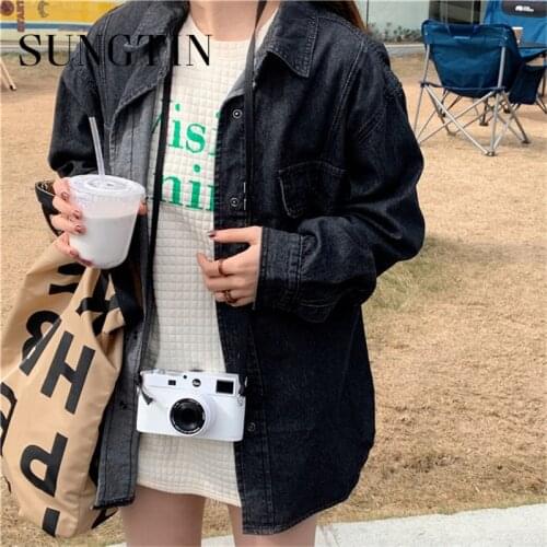 Sungtin Spring 2021 Women Black Denim Jackets Casual Harajuku Vintage Streetwear High Street Cowboy Jacket Korean Retro Sping