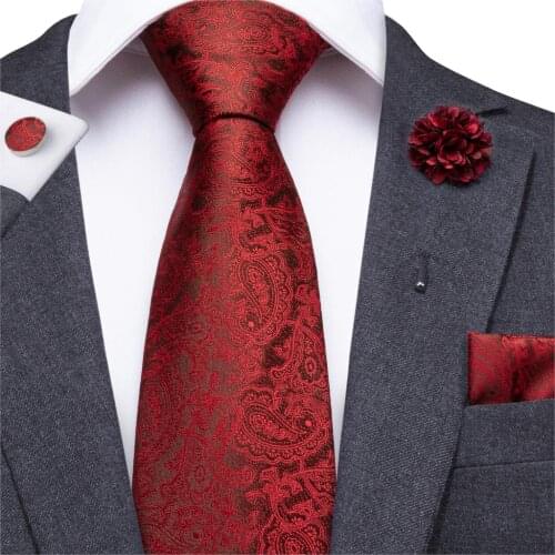 Wedding Tie for Men Red Silk Ties Floral Necktie Paisley Cravat Boutonniere Pocket Square Cufflink Gift to Father Husband Hi-Tie