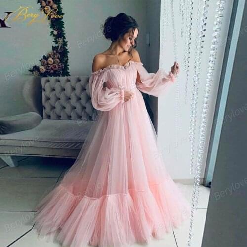 Blush Pink Tulle Evening Dress 2020 A-Line Long Sleeves Sweetheart-Neck Long Maternity Evening Gown for Pregnant Woman