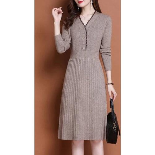 Knitted Long Sleeve Dress Women 2021 New Autumn Winter Korean Slim Ladies Elegant Button V Neck Sweater Midi Pleated Dresses
