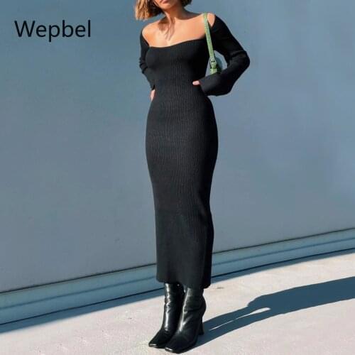 Wepbel Sexy Dress Sweater Off-the-Shoulder Sweater Dress Women Dehaired Angora Bell Sleeve O-neck Low Cut Sheath Knitted Dress