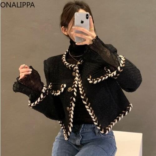 ONALIPPA Women Jacket 2021 Autumn French Retro Round Neck Braided Border Design Chic Single-Breasted Mesh Stitching Short Coat