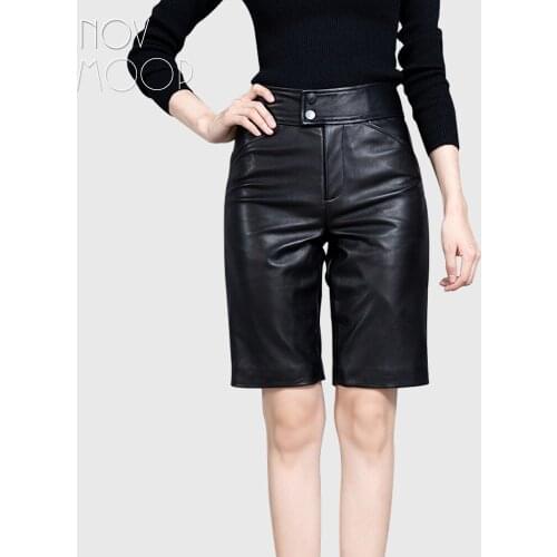 Novmoop Simply high waist knee length slim black sheepskin real leather straight pants pantalon femme spodnie damskie LT2854