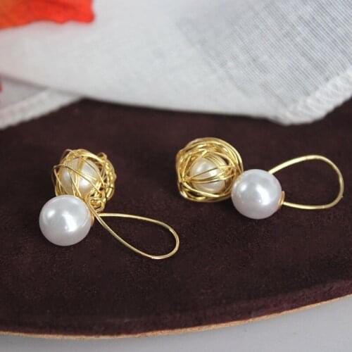 8Seasons New Fashion Handmade Gold Metal Thread Winding Wrapped Pearl Hollow Ball Double Sides Wedding Drop Earrings For Women
