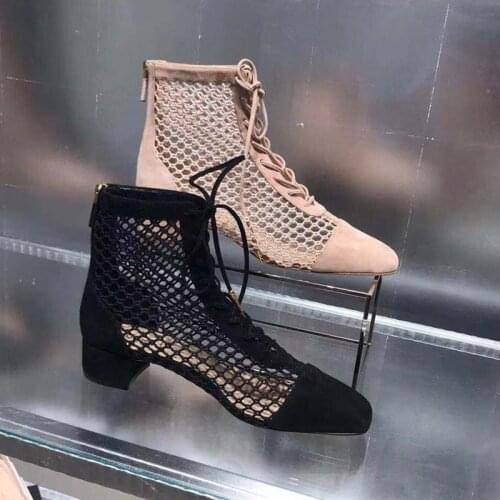 2019 New Spring Autumn Boots Women Air Mesh Women Shoes Front Lace Up Short Booties Chic Heel Botas Brand Star Shoes