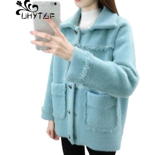UHYTGF Sweaters For Women Quality Mink Fleece Autumn Winter Tops Jacket Fashion Single-Breasted Short Coat Cardigan Female 1394