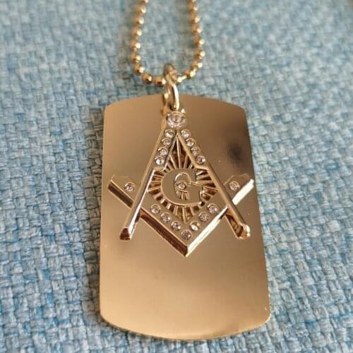 Dog Tag Square and Compass with Rhinestones Masonic Necklace