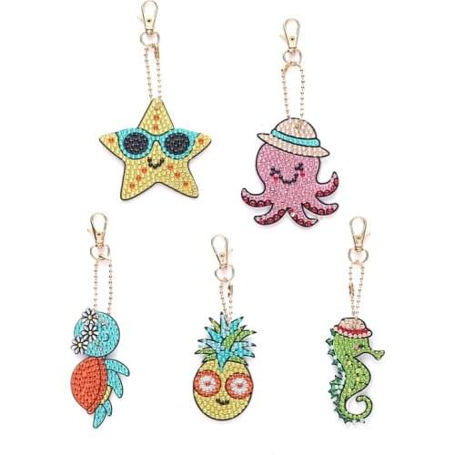 5PCS 5D Diamond Painting Animal Keychain Kits Ocean Octopus Sea Turtle Hippocampus Diamond Art Pendant For Kids Adults